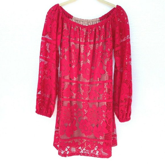 For Love & Lemons Red Daphne Lace Off-Shoulder Long Sleeve Dress Women Sz S $320 - Picture 1 of 12